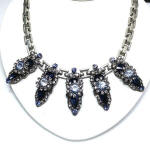 Vintage Blue Five Pendant Floral Statement Necklace, Rivoli Rhinestones, 20 Inch